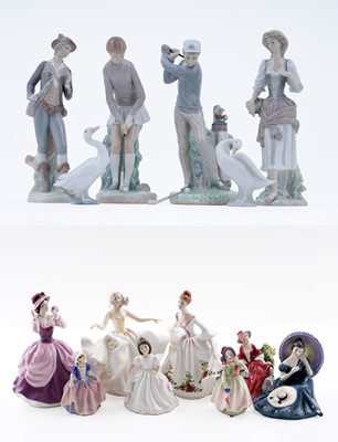 Lot 375 - A collection of six Lladró ceramic figures; and eight Royal Doulton ceramic figures