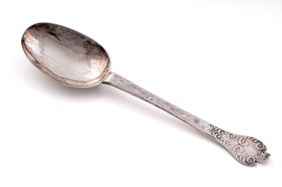 Lot 436 - A late Charles II silver lace-back trefid spoon
