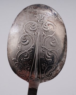 Lot 440 - A rare Charles II/James II Cornish silver lace-back trefid spoon