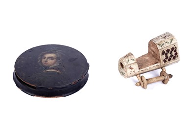 Lot 667 - A Napoleonic period bobbin holder in the form of a cradle; and a snuff box depicting a young lady