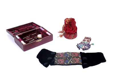 Lot 675 - Victorian needlework reticules; an Edwardian velvet cummerbund; and a sewing box