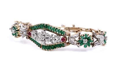 Lot 921 - An emerald, ruby and diamond bracelet
