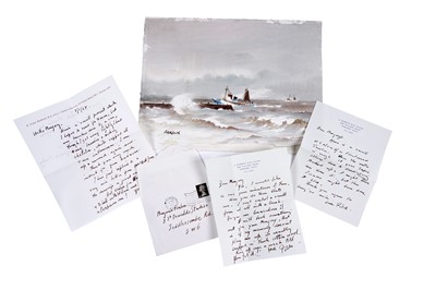 Lot 614 - Roland Vivian Pitchforth - Fishing boats returning to the dock, with letters | watercolour