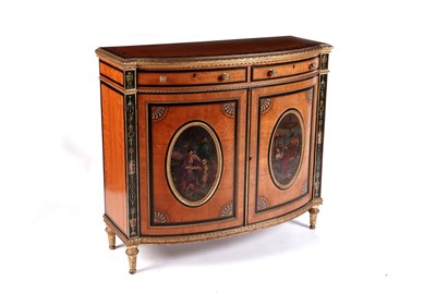 Lot 600 - A French Louis XVI-style ebony-banded giltwood and satinwood bowfront cabinet