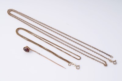 Lot 89 - Two 9ct gold necklaces; and a stick pin