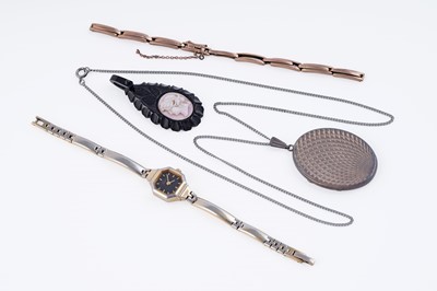 Lot 90 - A 9ct gold flexible watch strap; and other jewellery including a faux jet pendant