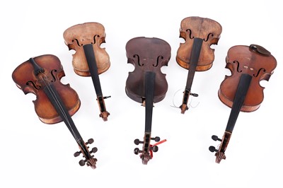 Lot 370 - Five violins for restoration; and a violin case