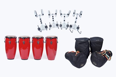 Lot 421 - Four Drum Beat World Percussion conga drums; and four Majestic marching band braces