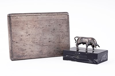Lot 249 - A George VI Art Deco silver cigarette case; and a bull pattern paperweight