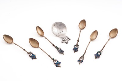Lot 259 - A set of six early 20th Century Norwegian silver-gilt and plique-à-jour enamelled coffee spoons