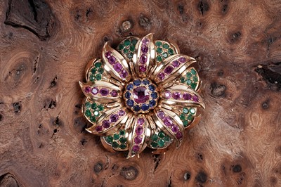 Lot 945 - A ruby, sapphire and emerald brooch