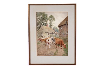 Lot 1676 - William Sidney Cooper - Cattle walking through a village | watercolour