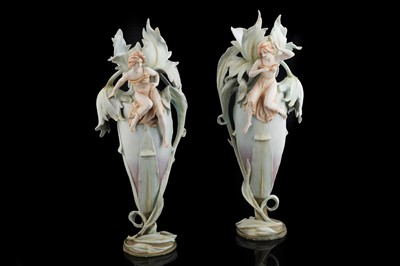 Lot 465 - A pair of Volkstedt Art Nouveau vases