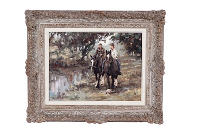 Lot 1604 - Paol S. Goirrle - A couple riding down a lane | oil