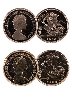 Lot 295 - Two Queen Elizabeth II gold half-sovereigns, 1980 and 1982
