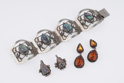 Lot 183 - A Mexican silver and abalone shell bracelet; and two pairs of earrings