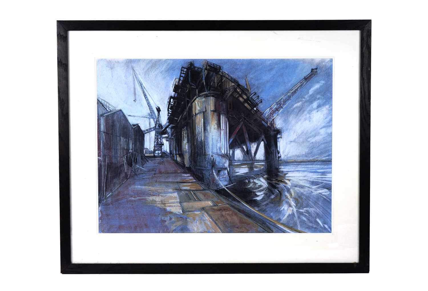 Lot 65 - Clare Money - Oil rig in harbour | pastel