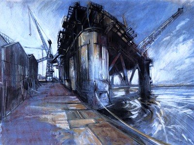 Lot 65 - Clare Money - Oil rig in harbour | pastel