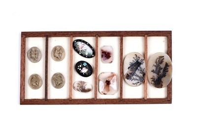 Lot 109 - Moss agate panels, lava cameos, and other cabinet items