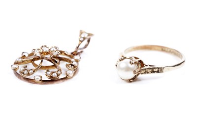Lot 19 - An Edwardian pearl openwork pendant; and a cultured pearl ring