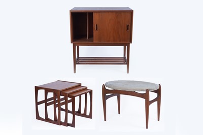 Lot 105 - G Plan: a ‘Quadrille’ teak nest of three tables; a record cabinet; and a 1960’s stool