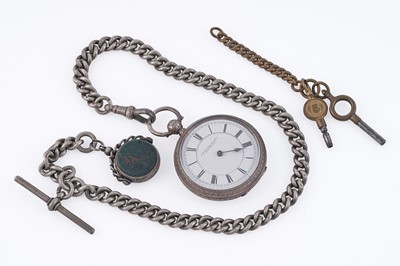 Lot 272 - A Victorian silver cased fob watch retailed by Fattorini & Sons; and a silver "Albert" watch chain