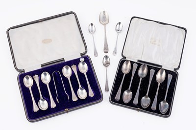 Lot 320 - A cased set of six George V silver trefid pattern teaspoons; together with further silver spoons