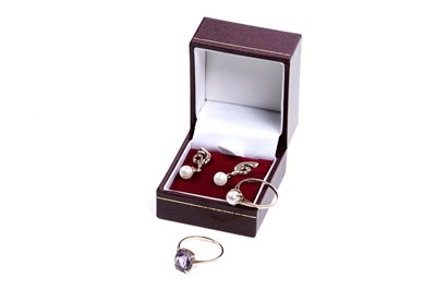 Lot 203 - Two rings; and a pair of earrings
