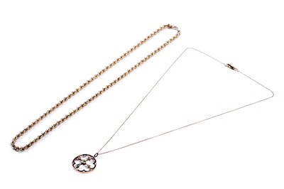 Lot 204 - A gold twist link necklace; and a peridot and seed-pearl pendant on chain