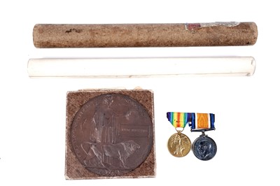 Lot 609 - A pair of First World War general service medals and Commemoration plaque