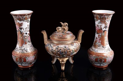 Lot 411 - A pair of Japanese Satsuma ware waisted vases; and a Meiji period Koro and cover