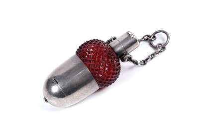 Lot 718 - A rare Victorian novelty silver mounted cranberry glass vinaigrette and combined scent bottle