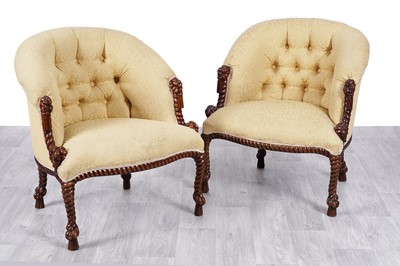 Lot 85 - A pair of Napoleon III style button back tub armchairs