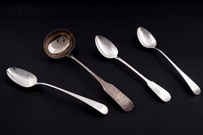 Lot 251 - Silver basting spoons; and a Fiddle pattern soup ladle