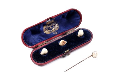 Lot 882 - Three Victorian Tay River freshwater pearl set shirt studs; and a tie pin