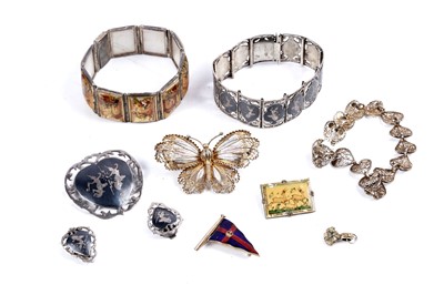 Lot 249 - Silver and costume jewellery, including a Siam niello bracelet, brooch and earring set