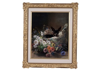 Lot 1539 - Bernard Pegot - A black and tan chihuahua snuggles next to a basket of herbaceous flowers | pastel