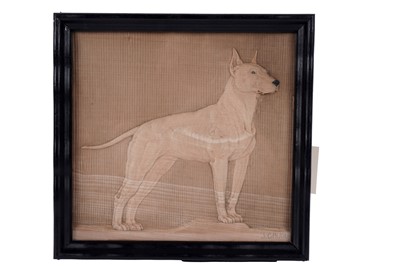 Lot 1531 - J* Gaudl - Portrait of English Bull Terrier "Potz-Blitz-Sneewitt" | bas-relief carved wooden panel