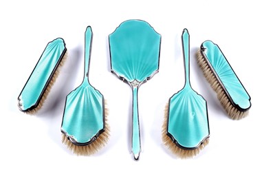 Lot 578 - A George V Art Deco guilloche-enamelled brush and mirror set
