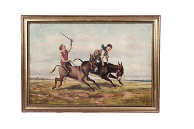 Lot 1555 - E. Garraway - Racing Donkeys on the Common | oil