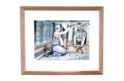 Lot 42 - Ron Gribbons - Fixing the Belt | watercolour