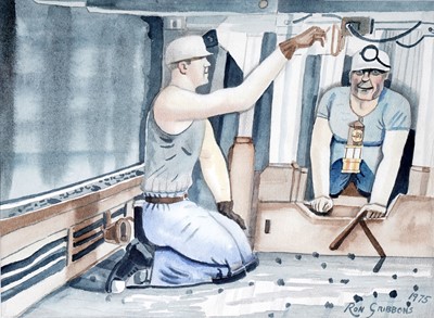 Lot 42 - Ron Gribbons - Fixing the Belt | watercolour