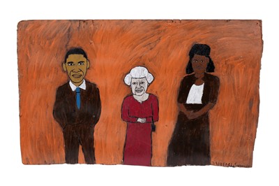 Lot 116 - Earl Swanigan - The Obamas Meet the Queen | acrylic