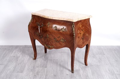Lot 29 - A French Louis XVI style marble top bombe chest of drawers