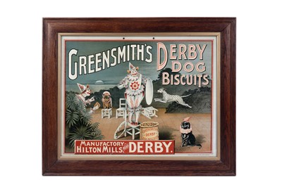 Lot 1548 - A "Greensmith's Derby Dog Biscuits" advertising sign | lithograph