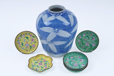 Lot 236 - Six enamel Chinese dishes; and a Japanese Arita vase