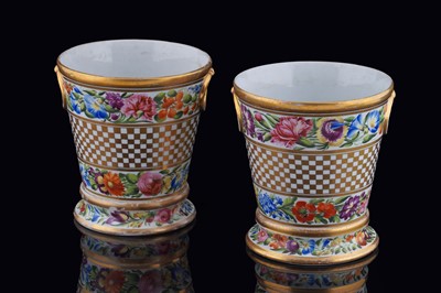 Lot 377 - A pair of English porcelain cachepots and stands