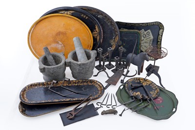 Lot 213 - A collection of Toleware serving trays; and other items