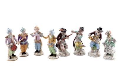 Lot 362 - A group of four Sitzendorf Turkish musical figures; and a group of four Dresden Monkey Band figures