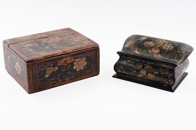 Lot 226 - A Victorian bombe shaped papier mache stationary box; and an oriental elm box